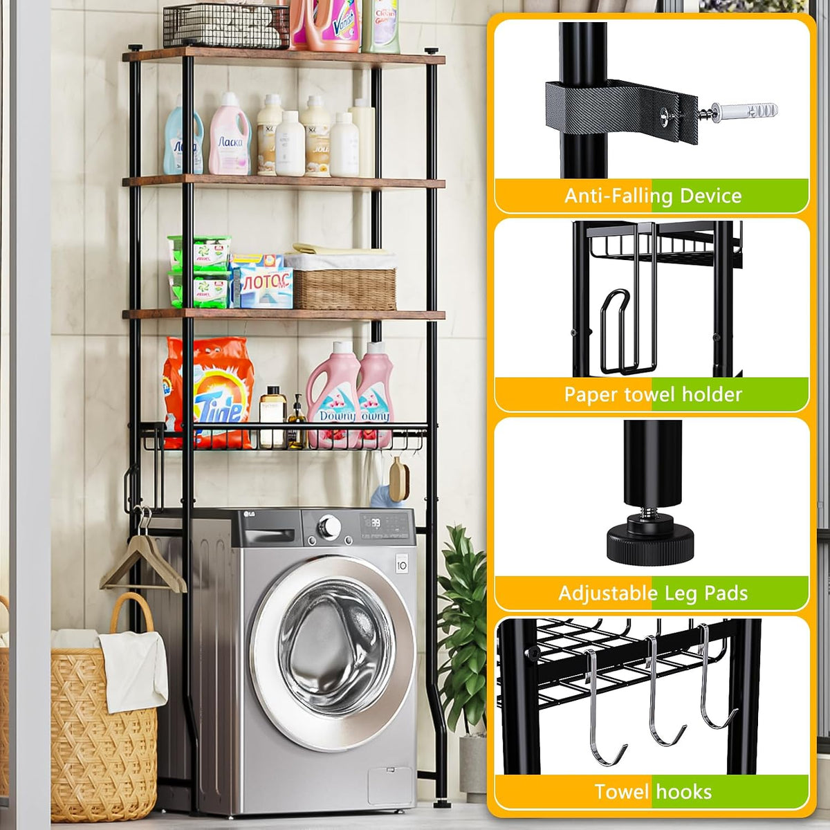 Over-The-Toilet Storage Shelf,4-Tier Bathroom Organizer Cabinet Rack And Storage Over Toilet With Shelf Waterproof Feet Pad And Basket,Multifunctional Space Saver Freestanding Bathroom Shelves（Brown）