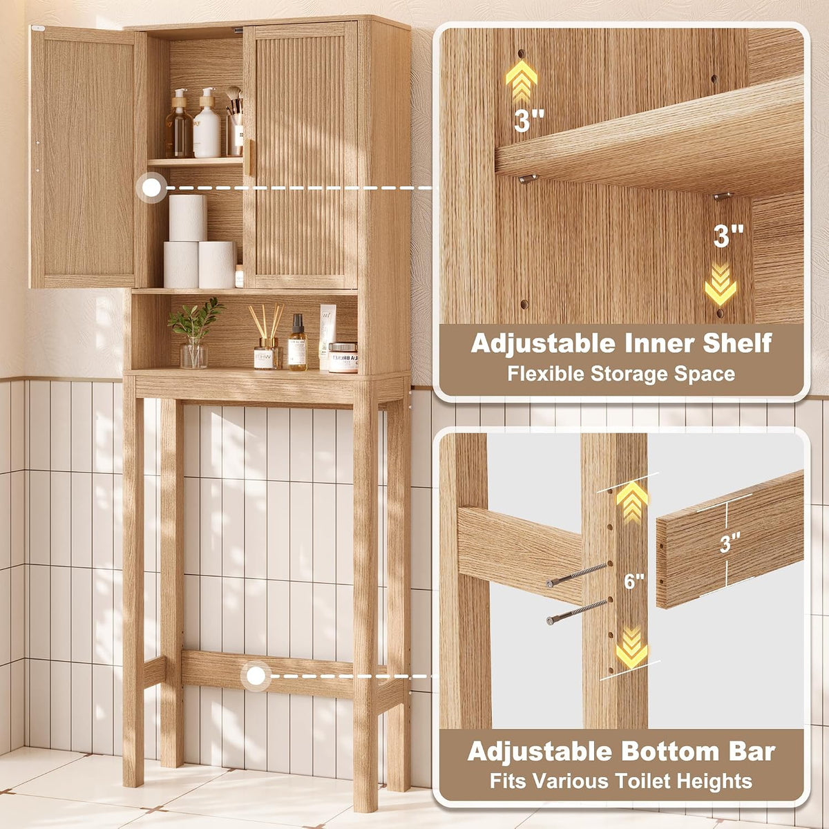 Over the Toilet Storage Cabinet, Bathroom Storage Cabinet with Fluted Doors and Adjustable Shelf, Tall Freestanding Over Toilet Bathroom Organizer with Anti-Tip Kit for Bathrooms Laundry, Boho Style