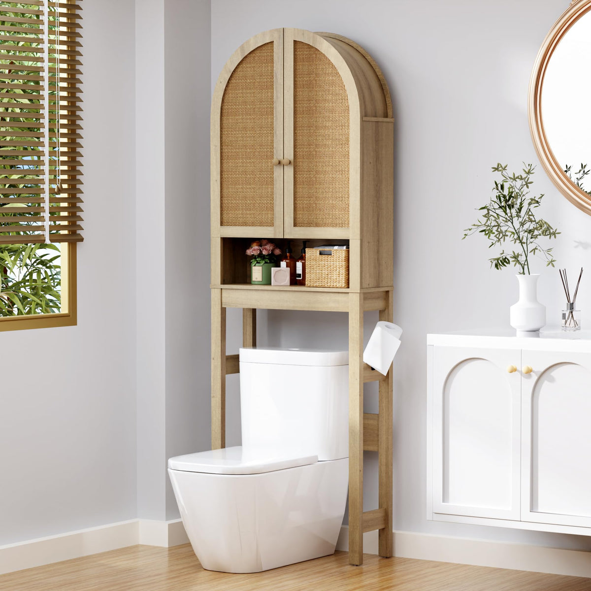 Over The Toilet Storage Cabinet, 29.7”W Modern Storage Cabinet Over Toilet with Acrylic Doors, Arched Freestanding Over Toilet Rack with Adjustable Shelf for Bathroom, White
