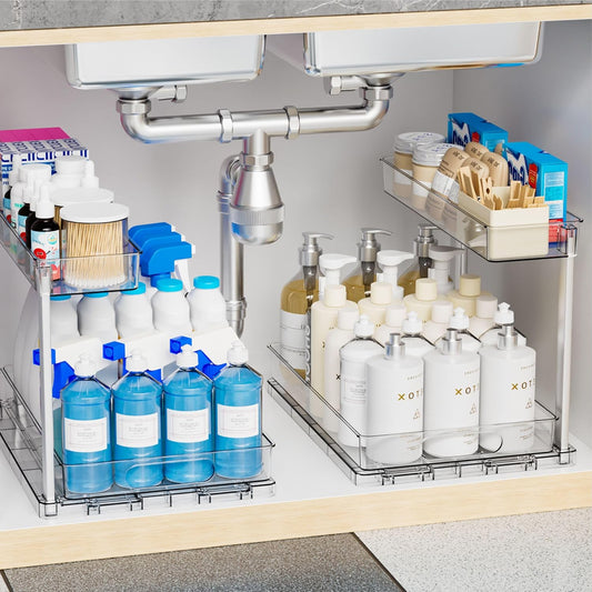 Yieach 2 Pack 14.6″ Deep Pull Out Under Sink Organizer,10.8″ High 2 Tier Slide Out Cabinet Organizer for Kitchen Cabinet,Undersink Organizers,Under Sink Shelves,Bathroom Organizers and Storage,Clear
