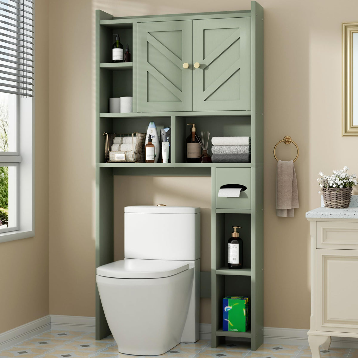 Shintenchi Over the Toilet Storage Cabinet, Bathroom Storage Cabient with Barn Doors, Bathroom Storage Shelf Organizer with Toilet Paper Holder, Adjustable Shelf and Anti-Tip Device, White