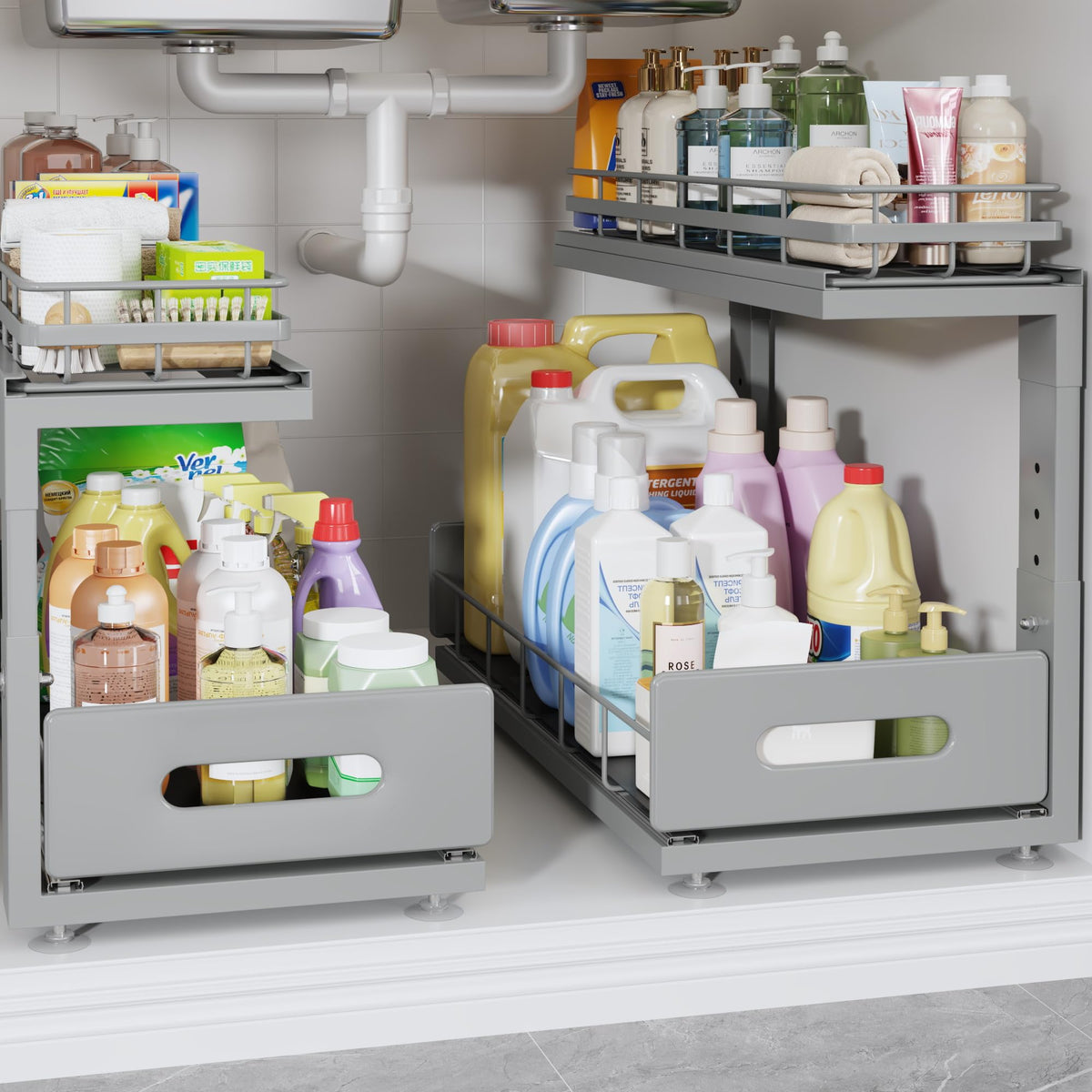 Under Sink Organizer Upgrade To Professional Rails,2-Tier Dual Pull Out Cabinet Storage,Height Adjustable Slide Out Drawers For Bathroom Kitchen,2 Pack-14.5" Dx12.8-16.9" H,White