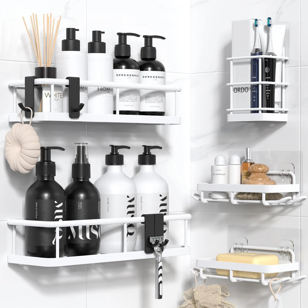 Jabukosu Matte Gold Rust-Proof Stainless Steel Bathroom Organizer Rack Set - 5-Pack & 1-Pack Wall-Mounted Shower Caddies, Waterproof Adhesive No-Drilling Holders for Shampoo, Soap, Shower Storage, Bathroom Shelf