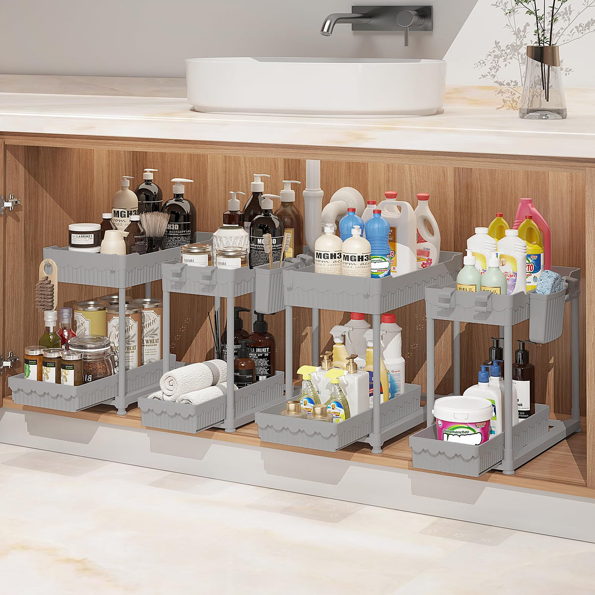 Sevenblue 4-Pack 2-Tier Under Sink Organizer with Pull Out Drawers