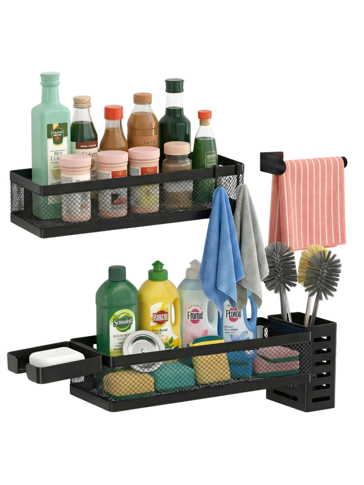 PUSDON Mesh Shower Caddy Wall Mount, Heavy Duty Adhesive Bathroom Shelf Organizer, Rustproof Floating Spice Rack for Kitchen Pantry, Holds 50 LBS, Multi-Purpose Storage Black-2 Packs (Netting)
