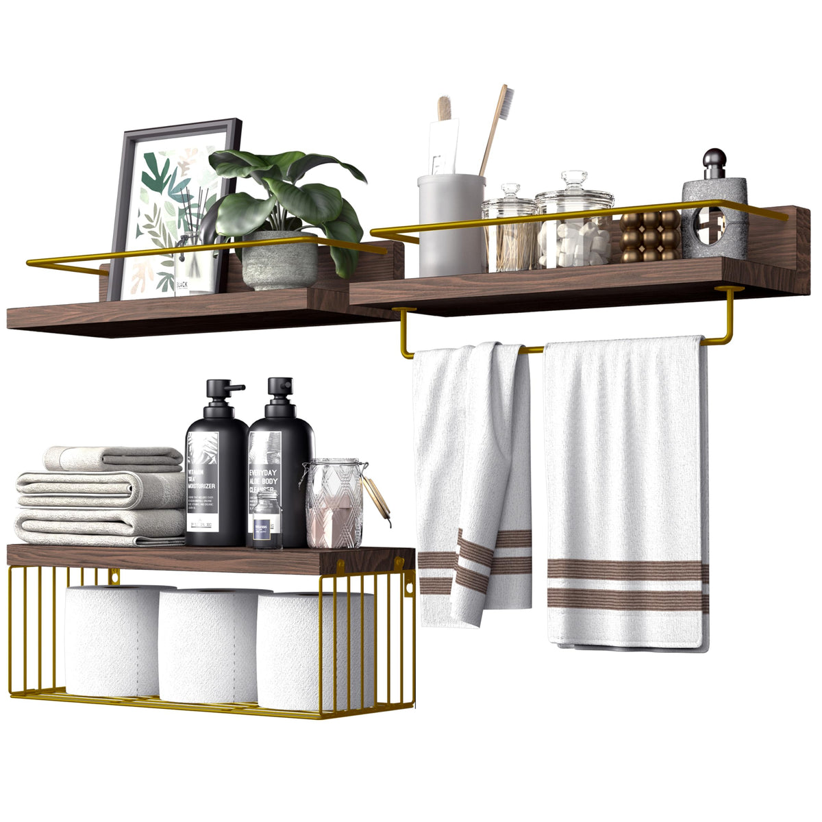 PopiShelves Bathroom Shelves Over Toilet for Wall, Floating Shelves with Storage Basket Paper Holer for Kitchen Living Room, Bedroom & Classroom, Set of 3 (Dark Brown)