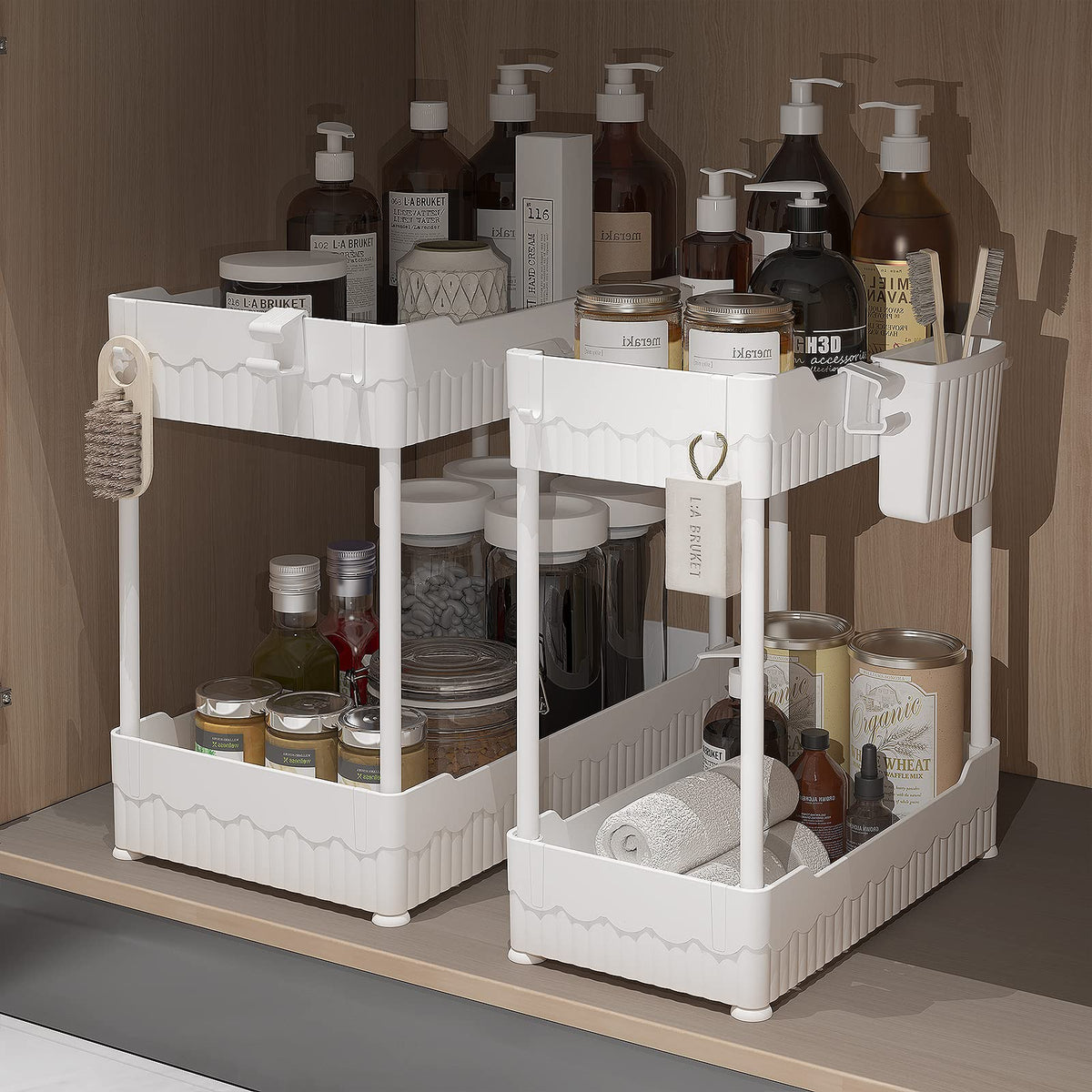 Sevenblue 2-Pack Under Sink Organizer with Hooks & Hanging Cup for Kitchen