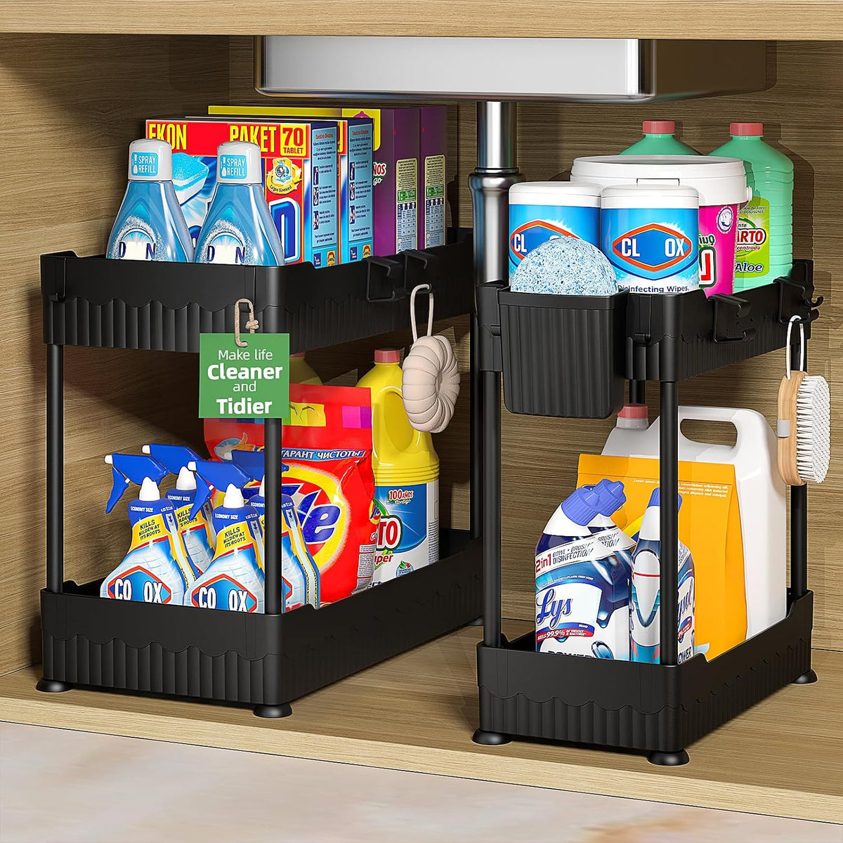 Sevenblue 2-Pack Under Sink Organizer with Hooks & Hanging Cup for Kitchen