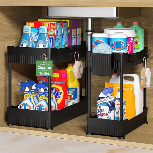 Sevenblue 2-Pack Under Sink Organizer with Hooks & Hanging Cup for Kitchen