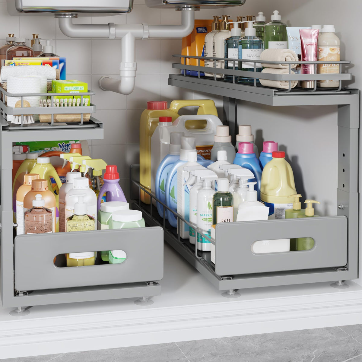 Under Sink Organizer Upgrade To Professional Rails,2-Tier Dual Pull Out Cabinet Storage,Height Adjustable Slide Out Drawers For Bathroom Kitchen,2 Pack-14.5" Dx12.8-16.9" H,White
