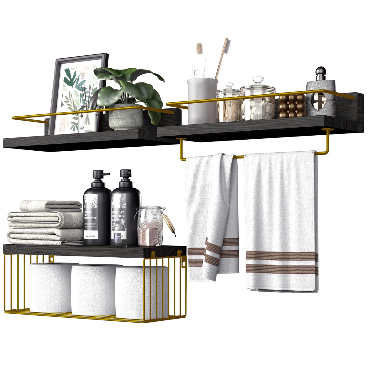 PopiShelves Bathroom Shelves Over Toilet for Wall, Floating Shelves with Storage Basket Paper Holer for Kitchen Living Room, Bedroom & Classroom, Set of 3 (Dark Brown)