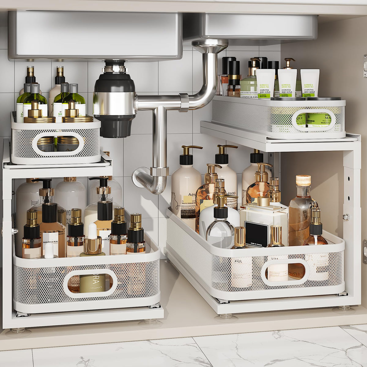 2 Pack Under Sink Organizer With Next-Gen Ball-Bearing Slides,2-Tier Precision Mesh Pull Out Cabinet Drawers Storage for Bathroom&Kitchen,Height Adjustable Shelf,Rust-resistant-Patent Pending