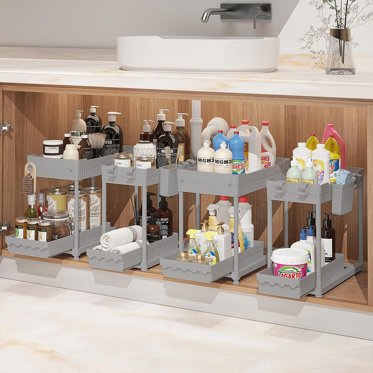 Sevenblue 4-Pack 2-Tier Under Sink Organizer with Pull Out Drawers