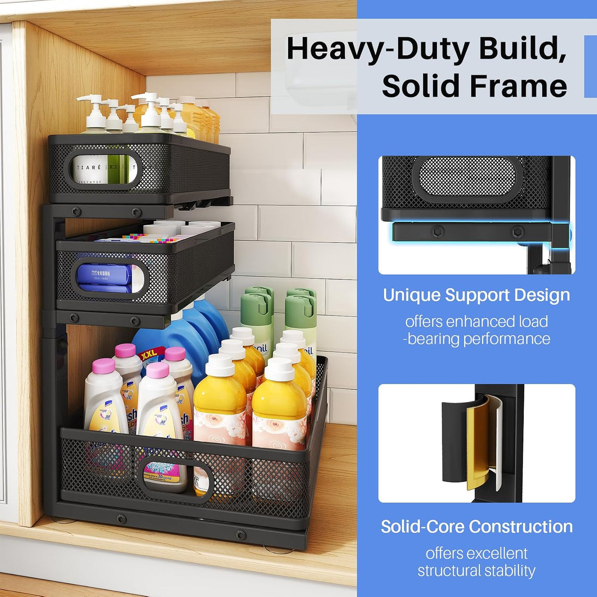 Under Sink Organizer, 3-Tier Thickened Metal Pull out Cabinet Organizer Shelf, Height Adjustable Slide out Storage Drawer Rack for Kitchen Bathroom Pantry Laundry Home Organization, 2-Pack, Black