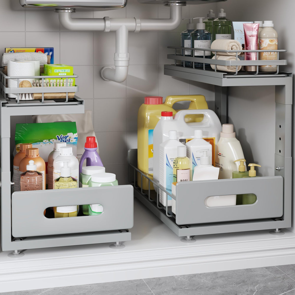 Under Sink Organizer Upgrade To Professional Rails,2-Tier Dual Pull Out Cabinet Storage,Height Adjustable Slide Out Drawers For Bathroom Kitchen,2 Pack-14.5" Dx12.8-16.9" H,White