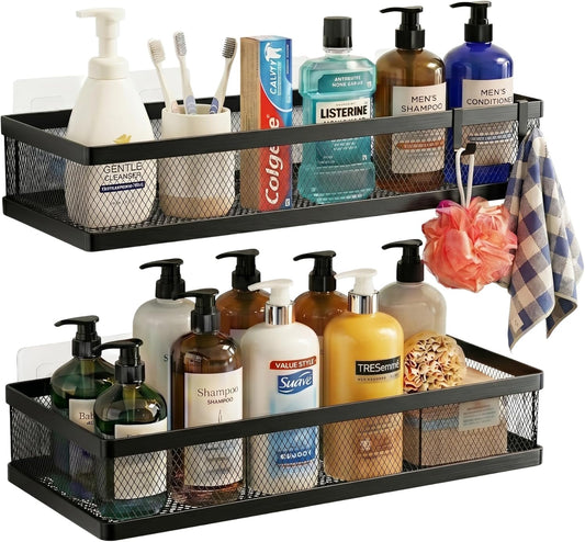 PUSDON Mesh Shower Caddy Wall Mount, Heavy Duty Adhesive Bathroom Shelf Organizer, Rustproof Floating Spice Rack for Kitchen Pantry, Holds 50 LBS, Multi-Purpose Storage Black-2 Packs (Netting)