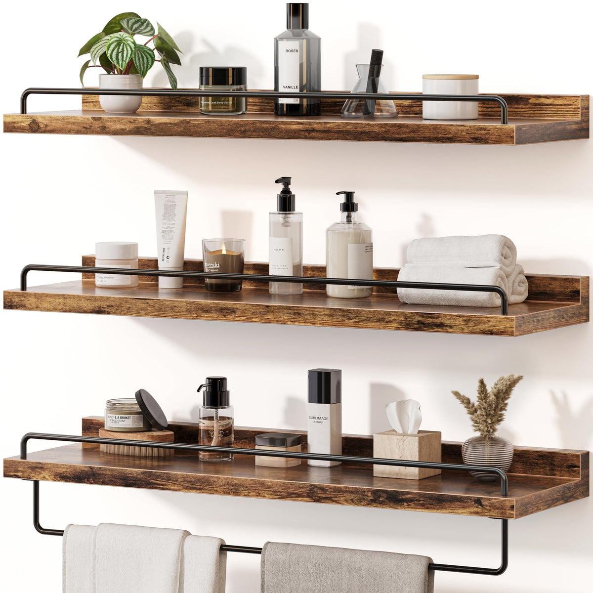 Seocry Bathroom Shelves, Wall Shelf Set of 3, Floating Shelves, Shelves for Room Wall, Bathroom Decor (White Gold, 15.7 Inches)