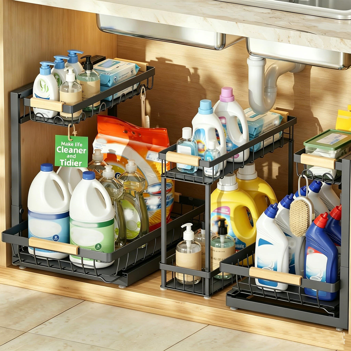 Sevenblue 3-Pack 2-Tier Height Adjustable Under Sink Organizer, Black