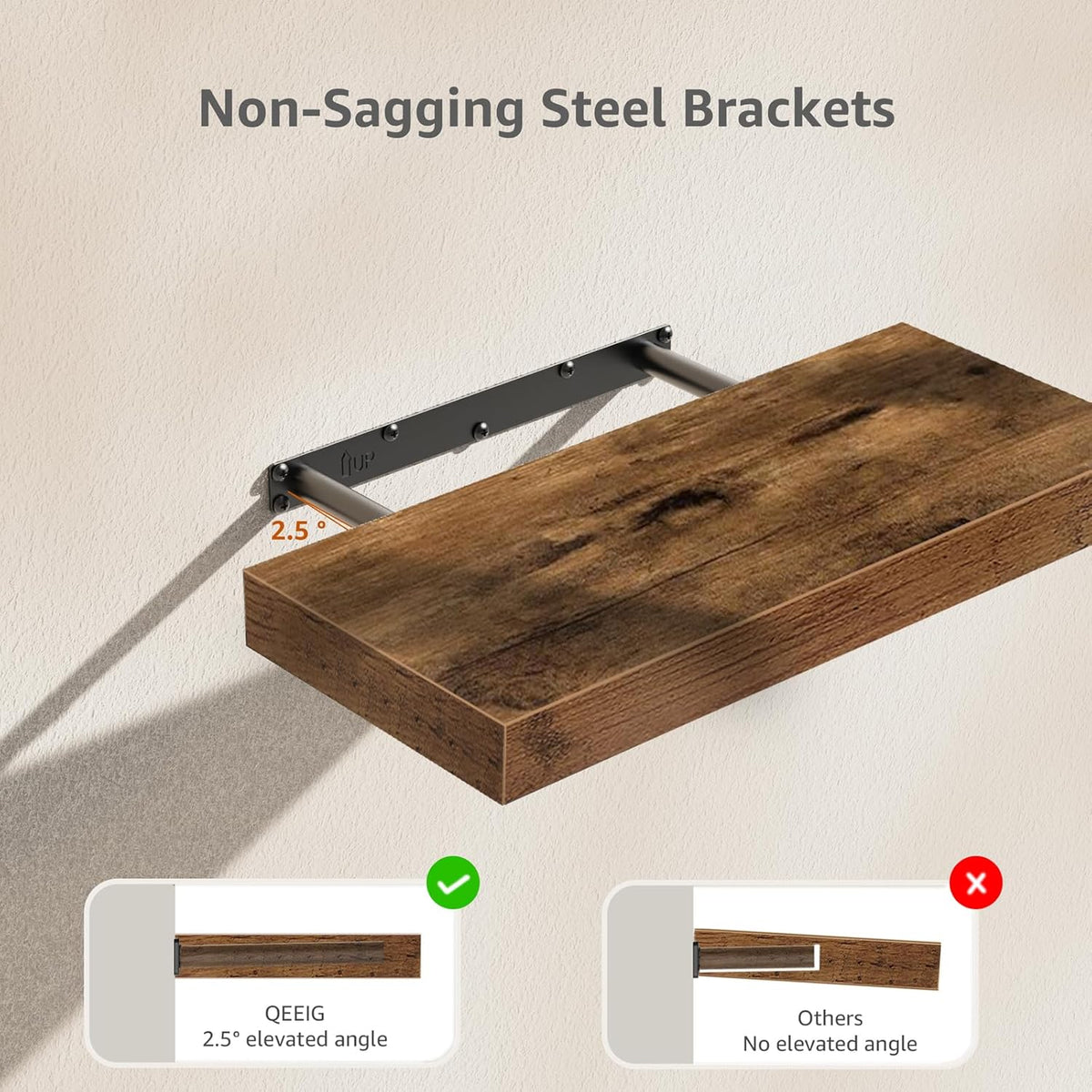 QEEIG Floating Shelves for Wall Small Shelf (Brown, Set of 3, 15.7" x 6.7")