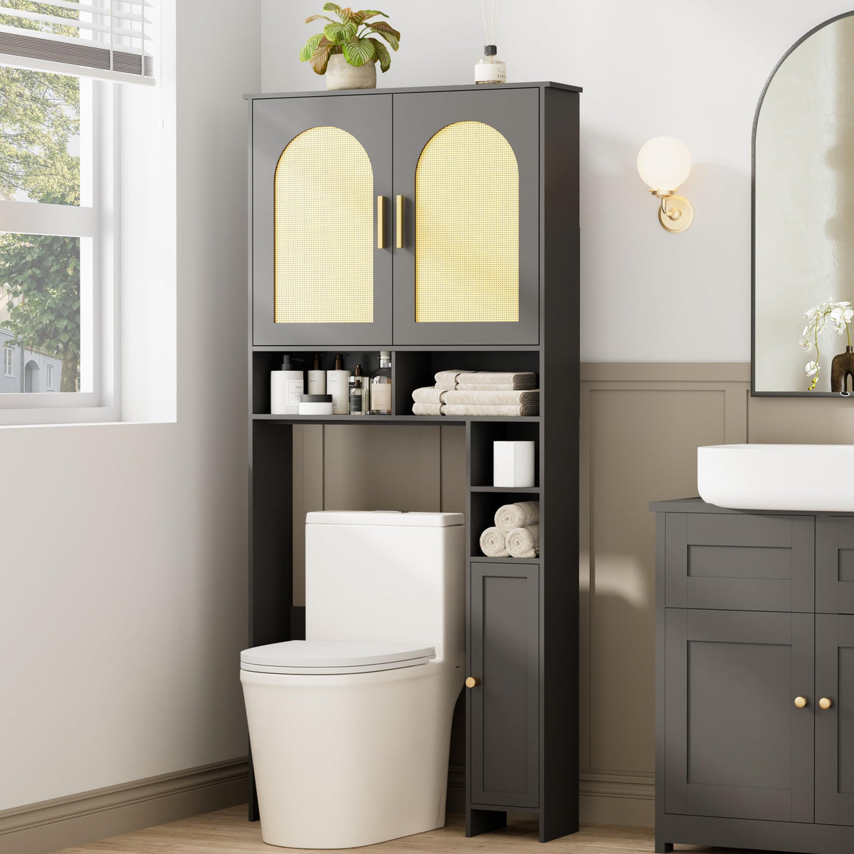 Homhedy Wooden Over The Toilet Storage Cabinet with Barn Door