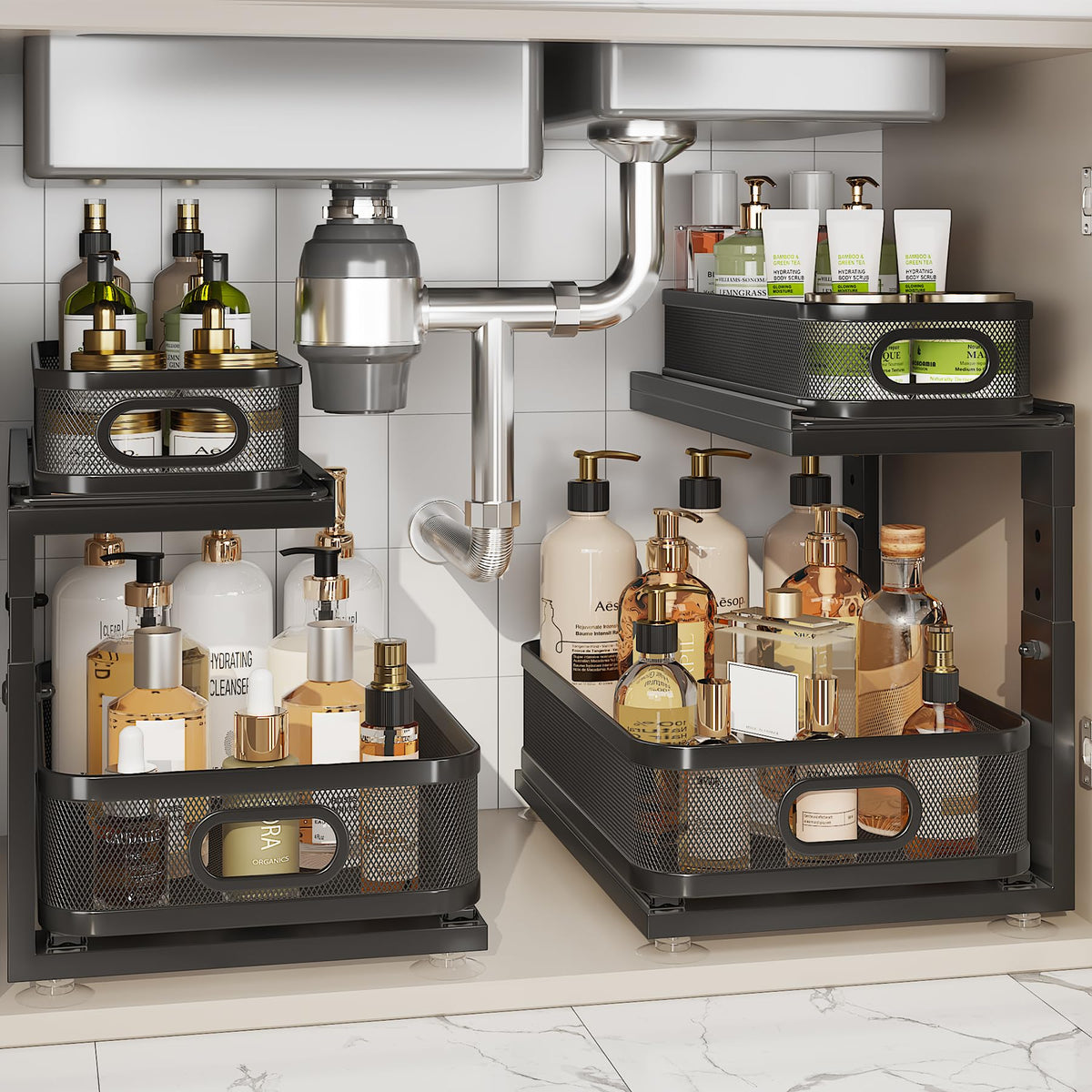 2 Pack Under Sink Organizer With Next-Gen Ball-Bearing Slides,2-Tier Precision Mesh Pull Out Cabinet Drawers Storage for Bathroom&Kitchen,Height Adjustable Shelf,Rust-resistant-Patent Pending