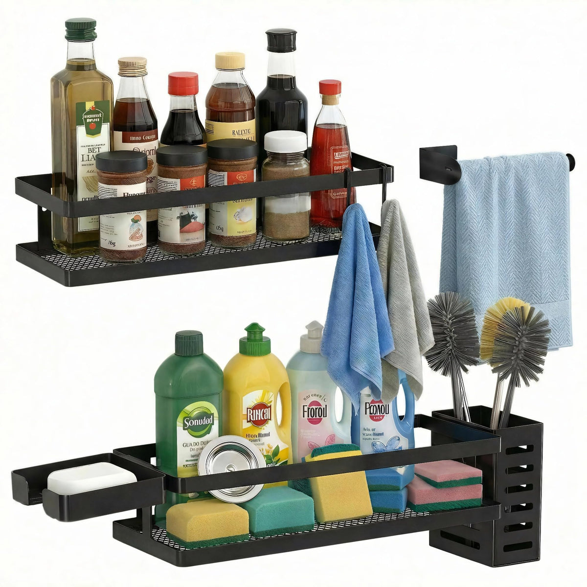 PUSDON Mesh Shower Caddy Wall Mount, Heavy Duty Adhesive Bathroom Shelf Organizer, Rustproof Floating Spice Rack for Kitchen Pantry, Holds 50 LBS, Multi-Purpose Storage Black-2 Packs (Netting)