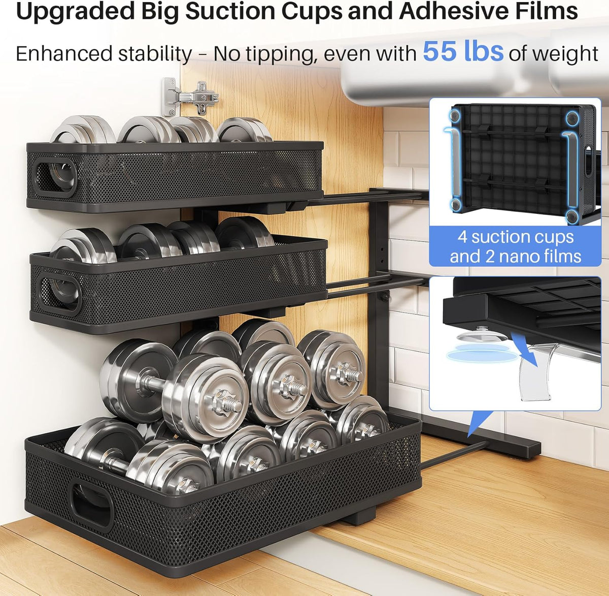 Under Sink Organizer, 3-Tier Thickened Metal Pull out Cabinet Organizer Shelf, Height Adjustable Slide out Storage Drawer Rack for Kitchen Bathroom Pantry Laundry Home Organization, 2-Pack, Black