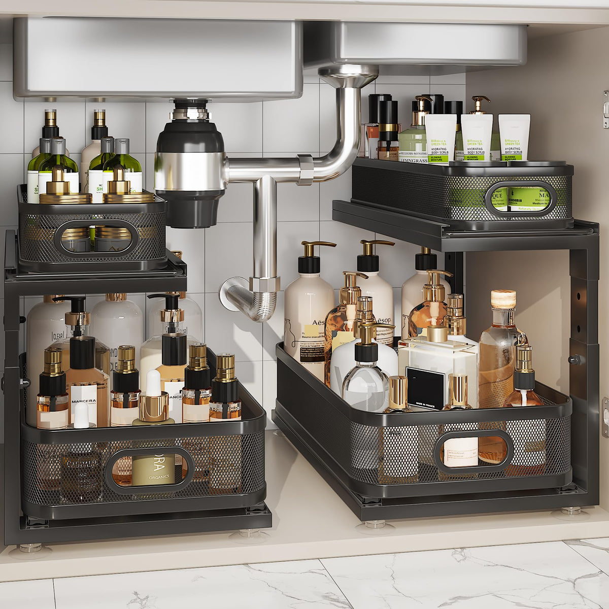 2 Pack Under Sink Organizer With Next-Gen Ball-Bearing Slides,2-Tier Precision Mesh Pull Out Cabinet Drawers Storage for Bathroom&Kitchen,Height Adjustable Shelf,Rust-resistant-Patent Pending