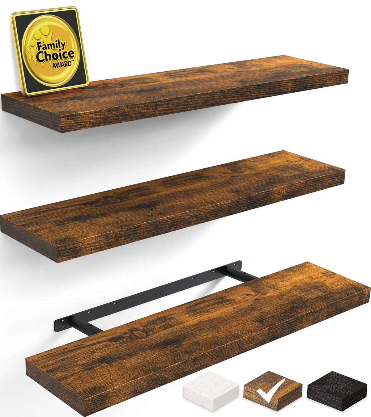 BAYKA Black Floating Shelves 15.7in, Set of 3, Wall Mount Rustic Wood Shelf