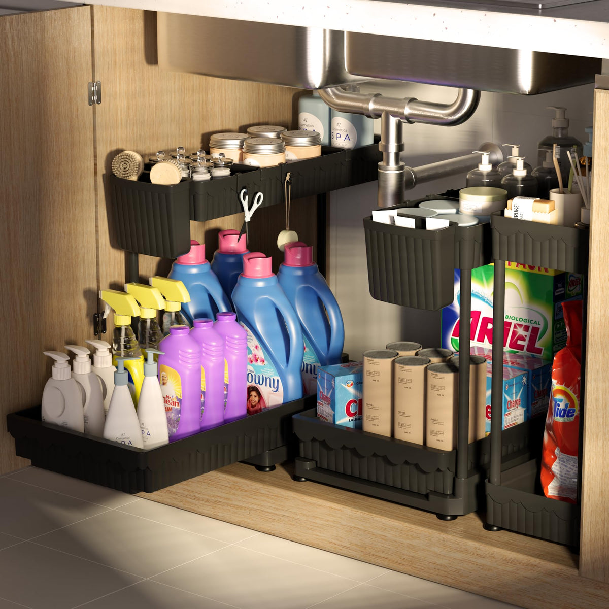 Sevenblue 3-Pack 2-Tier L-Shaped Under Sink Organizers with Sliding Drawers
