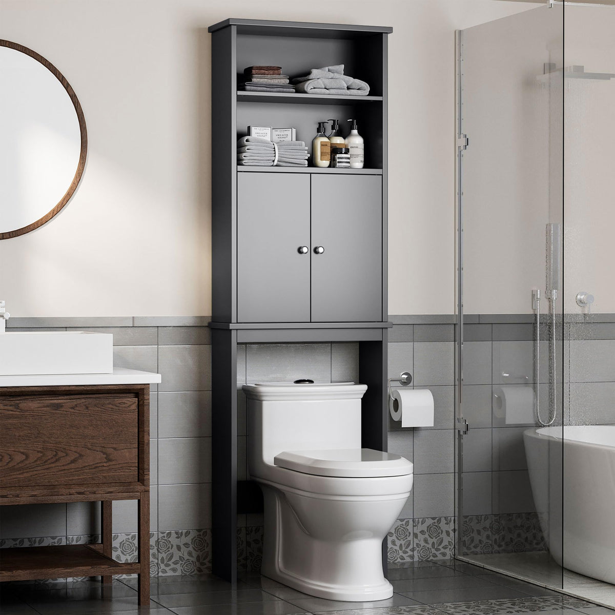 Shintenchi Over the Toilet Storage Cabinet, Bathroom Shelf Organizer with Anti-Tip Device Small Freestanding Space Saver with Adjustable Shelf，White