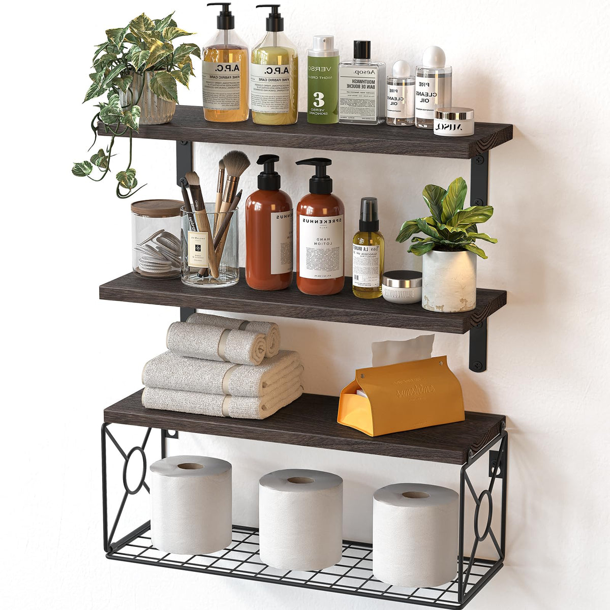 Amada Bathroom Shelves with Storage Basket, Set of 3, Natural Wood