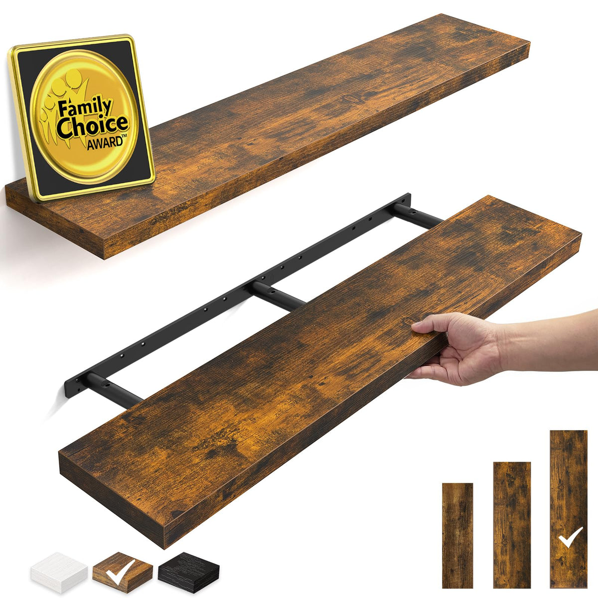 BAYKA Black Floating Shelves 15.7in, Set of 3, Wall Mount Rustic Wood Shelf