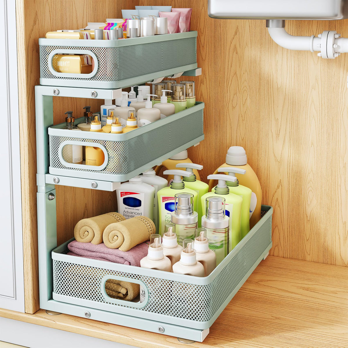 Under Sink Organizer, 3-Tier Thickened Metal Pull out Cabinet Organizer Shelf, Height Adjustable Slide out Storage Drawer Rack for Kitchen Bathroom Pantry Laundry Home Organization, 2-Pack, Black