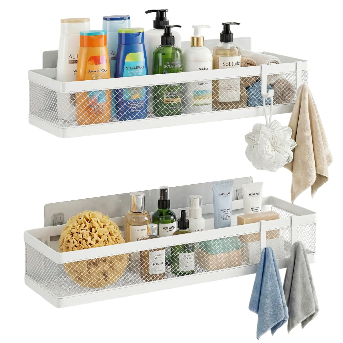 PUSDON Mesh Shower Caddy Wall Mount, Heavy Duty Adhesive Bathroom Shelf Organizer, Rustproof Floating Spice Rack for Kitchen Pantry, Holds 50 LBS, Multi-Purpose Storage Black-2 Packs (Netting)