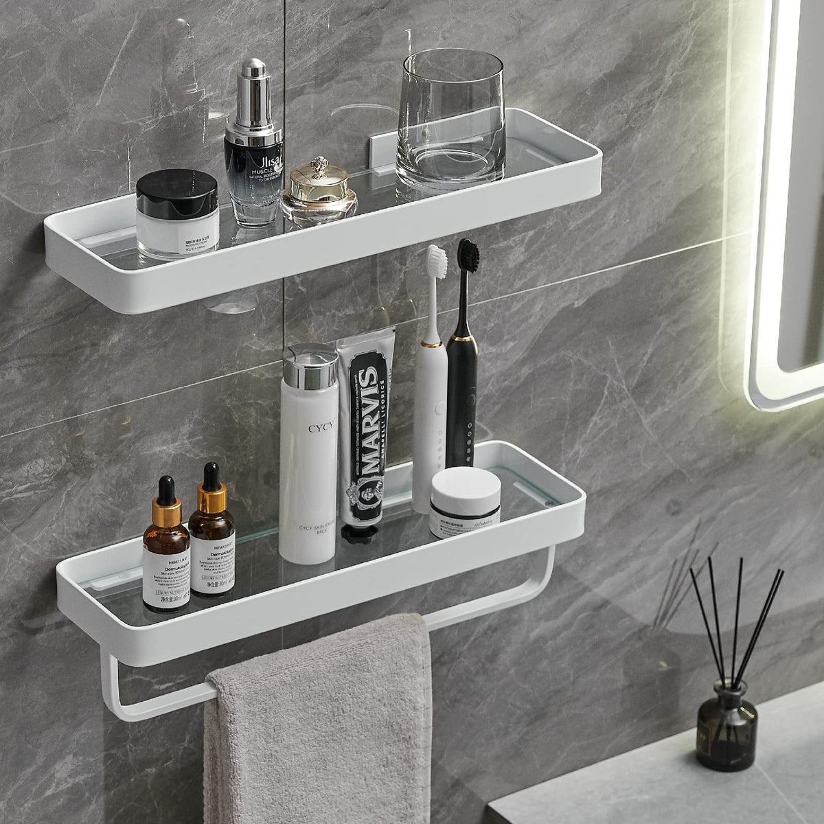 VOLPONE Bathroom Shelves Wall Mounted Glass Shelf for Floating Shelf Tempered Glass Shelves 2 Tier Bathroom Wall Organizer(Black)