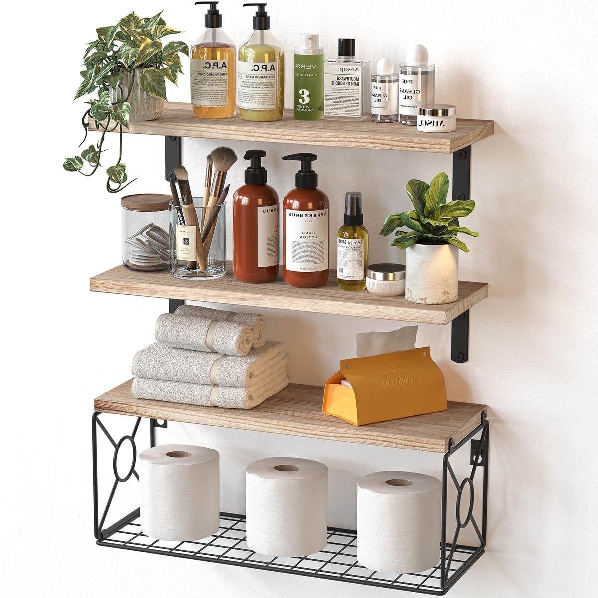 Amada Bathroom Shelves with Storage Basket, Set of 3, Natural Wood