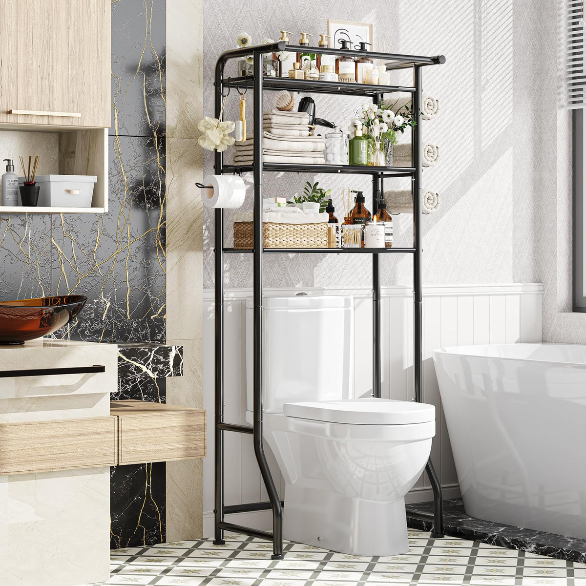 Simple Trending Over The Toilet Storage Rack, Metal 3 Tier Bathroom Organizer Shelf with Paper Holder and 3 Hooks, Freestanding Shelf Space Saver Above Toilet, White
