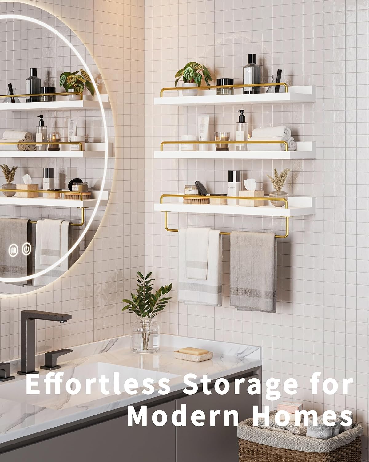 Seocry Bathroom Shelves, Wall Shelf Set of 3, Floating Shelves, Shelves for Room Wall, Bathroom Decor (White Gold, 15.7 Inches)