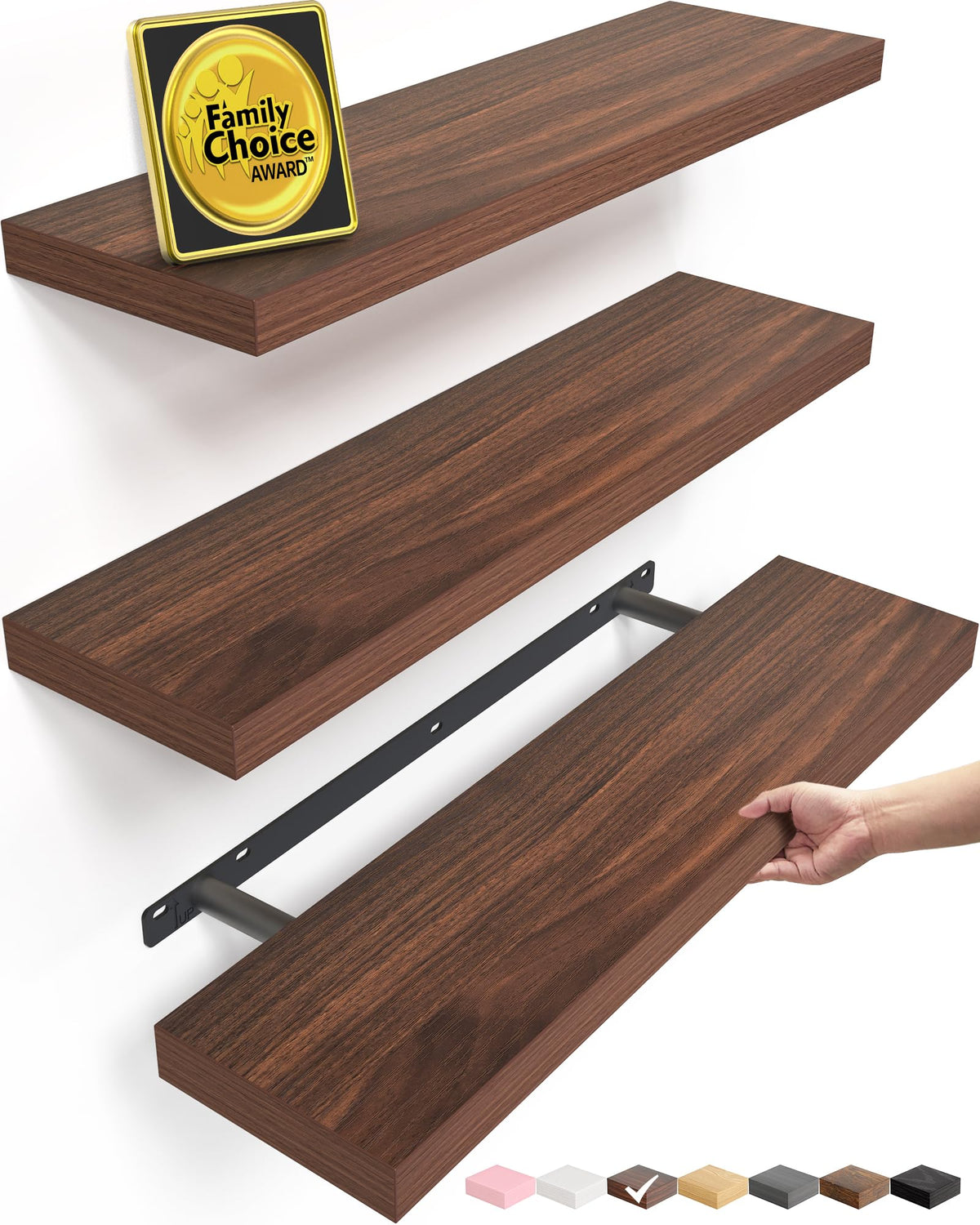 BAYKA Black Floating Shelves 15.7in, Set of 3, Wall Mount Rustic Wood Shelf
