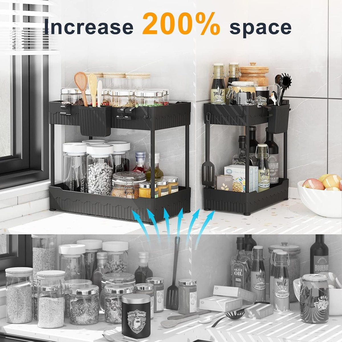 Sevenblue 2-Pack Under Sink Organizer with Hooks & Hanging Cup for Kitchen