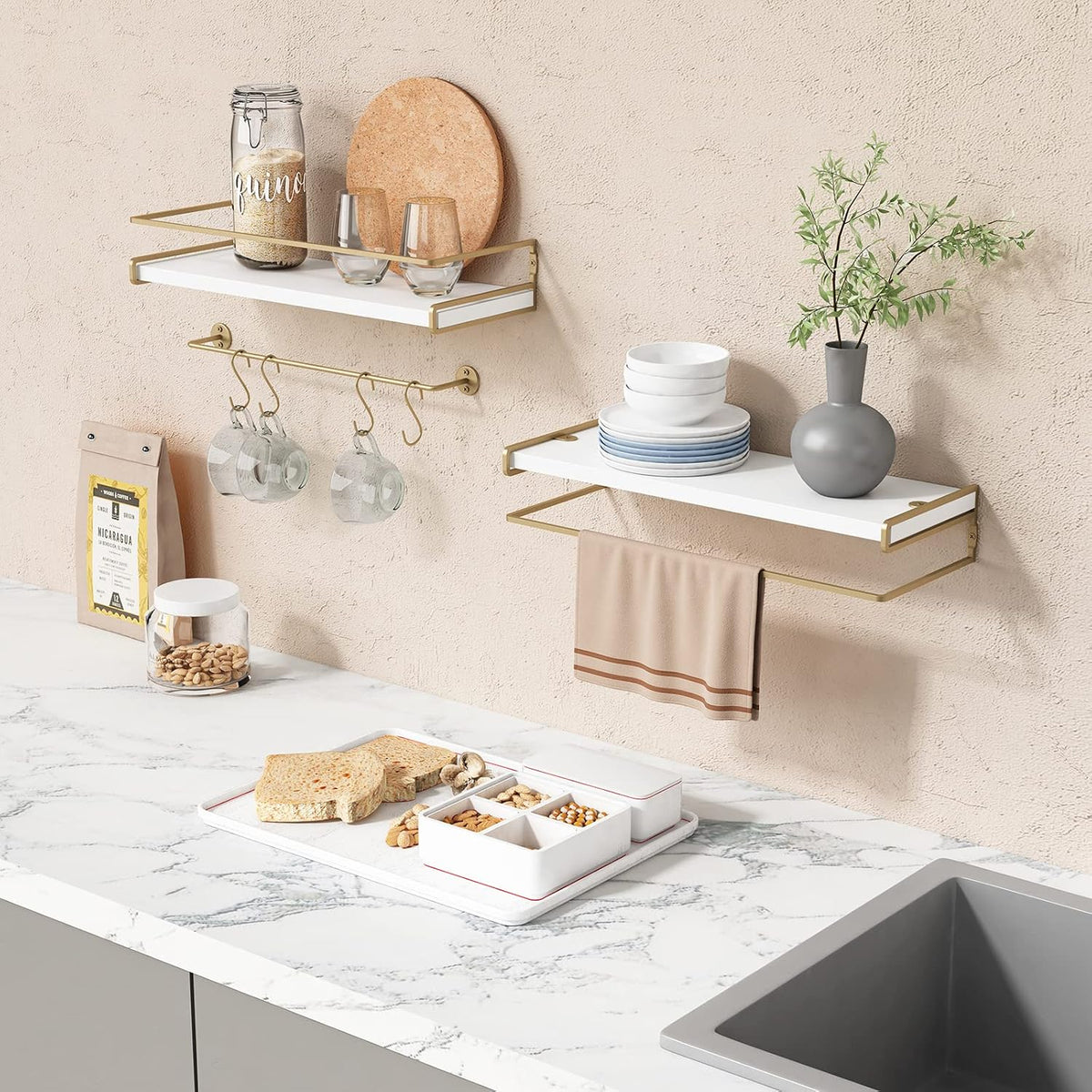 Forbena Floating Bathroom Shelves Wall Mounted, White and Gold Wall Shelf