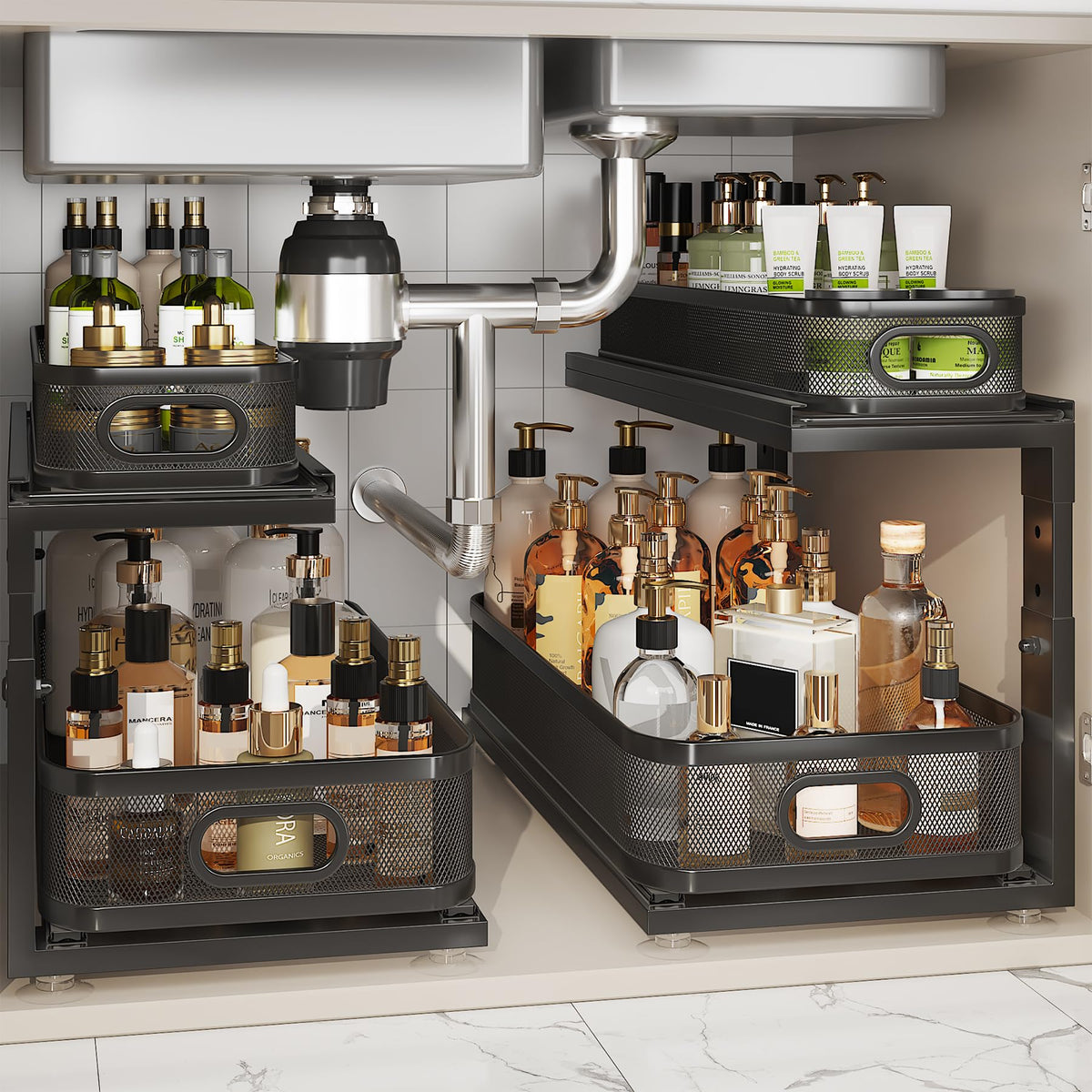 2 Pack Under Sink Organizer With Next-Gen Ball-Bearing Slides,2-Tier Precision Mesh Pull Out Cabinet Drawers Storage for Bathroom&Kitchen,Height Adjustable Shelf,Rust-resistant-Patent Pending