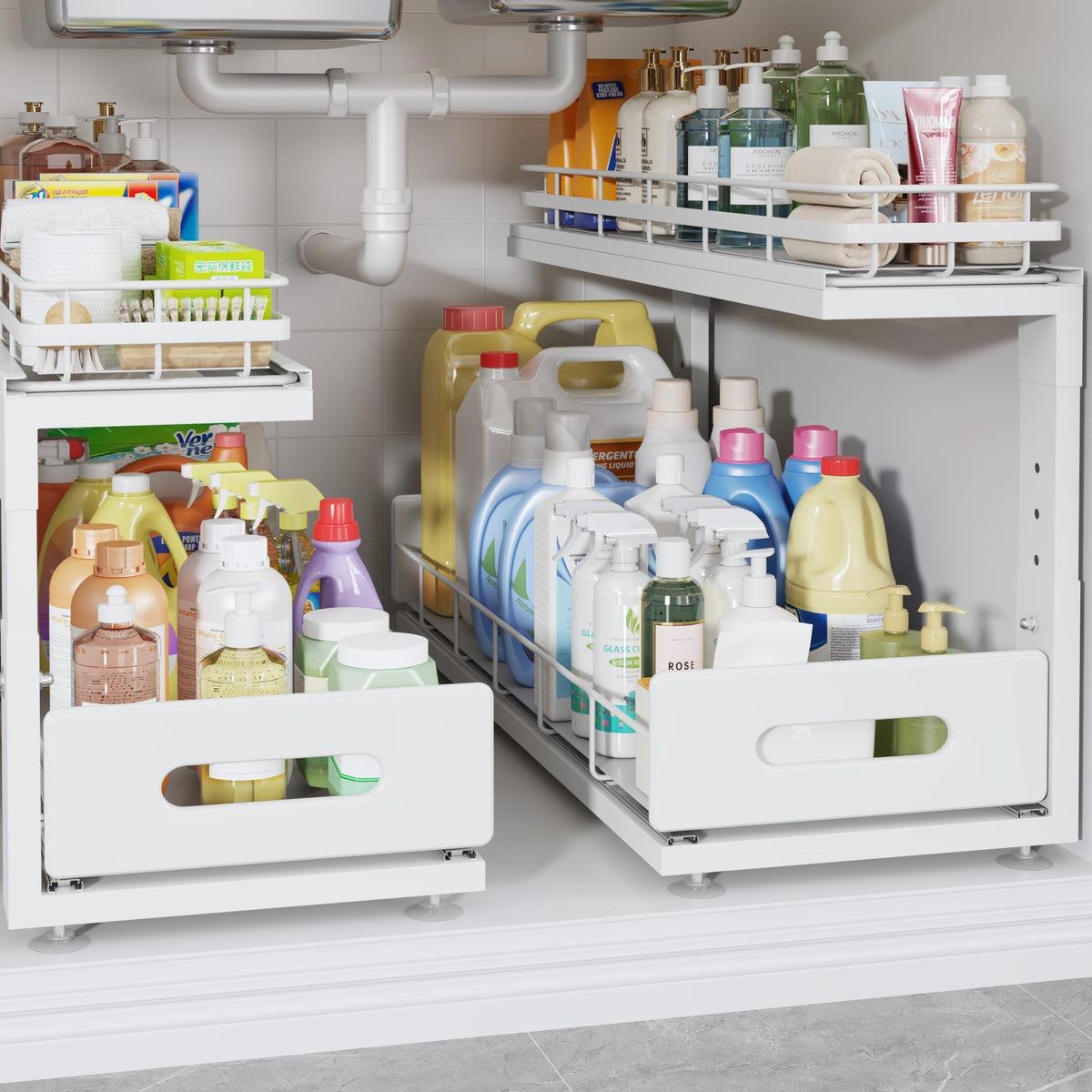 Under Sink Organizer Upgrade To Professional Rails,2-Tier Dual Pull Out Cabinet Storage,Height Adjustable Slide Out Drawers For Bathroom Kitchen,2 Pack-14.5" Dx12.8-16.9" H,White