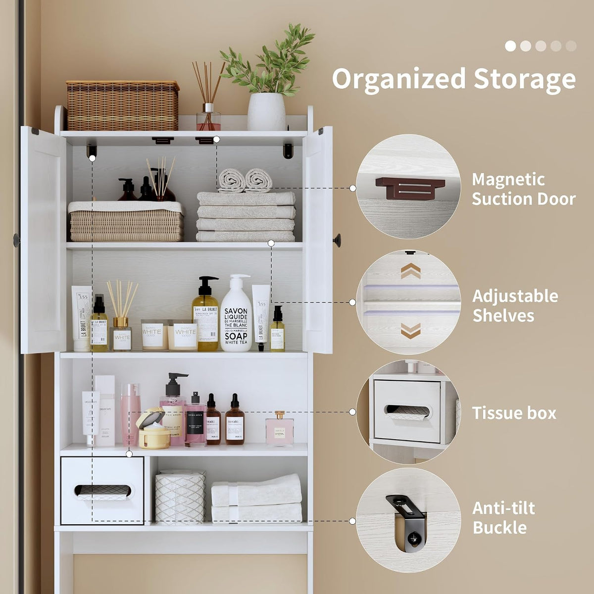 Over the Toilet Storage Cabinet, Tall Slim Bathroom Organizer with Doors, Adjustable Shelves & Built-in Toilet Paper Holder, Space-Saving Above Toilet Cabinet for Small Bathrooms(White)