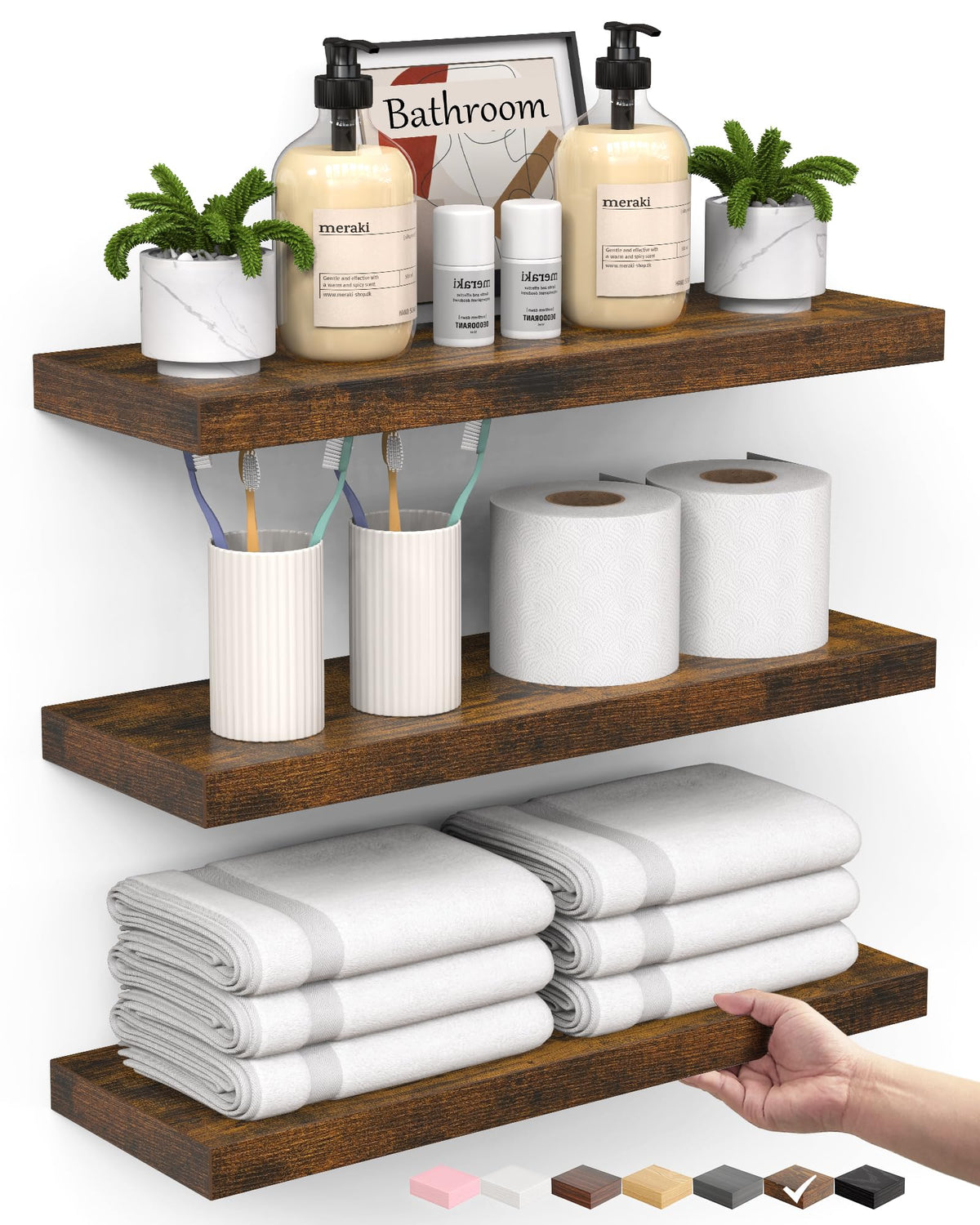 BAYKA Black Floating Shelves 15.7in, Set of 3, Wall Mount Rustic Wood Shelf
