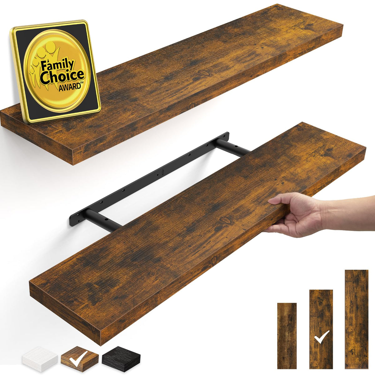 BAYKA Black Floating Shelves 15.7in, Set of 3, Wall Mount Rustic Wood Shelf
