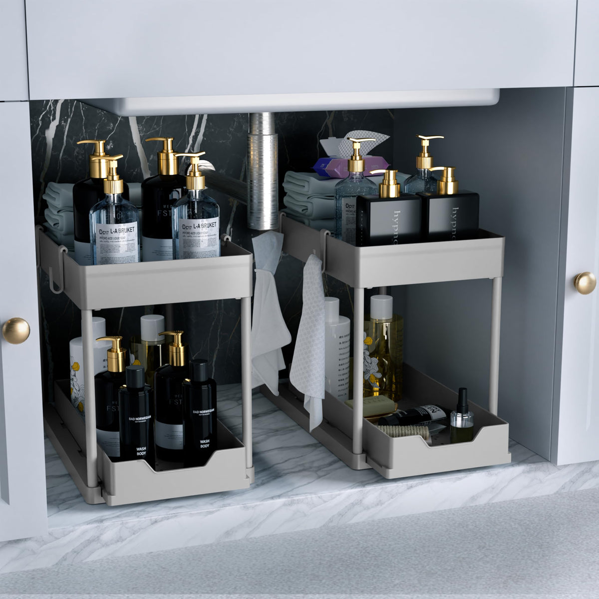 DEKAVA Cabinet, 2 Pack Under Sink Organizer, 2 Tier Sliding Bathroom Kitchen Organizer, Large White ABS Baskets, Easy Install & Clean