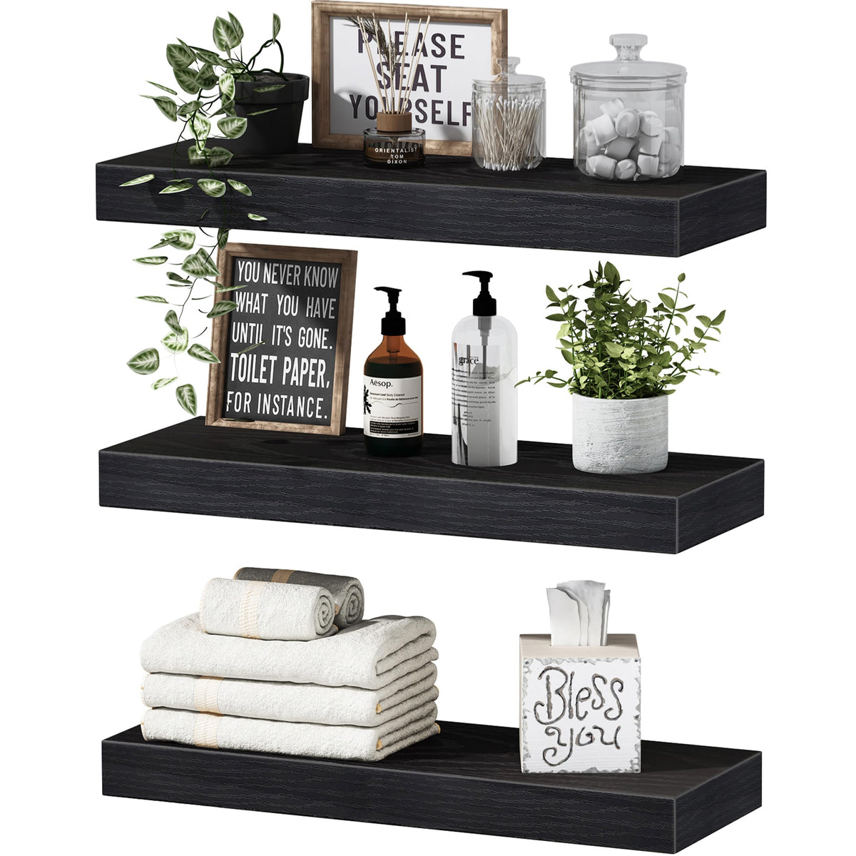 QEEIG Floating Shelves for Wall Small Shelf (Brown, Set of 3, 15.7" x 6.7")
