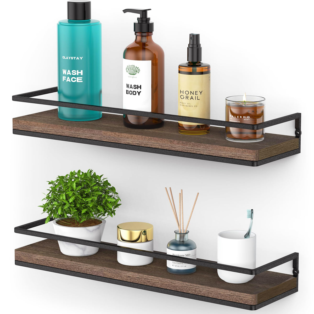 Meangood Floating Shelves Wall Mounted Set of 2, Rustic Wood Wall Storage Shelves for Bedroom,Living Room,Bathroom, Kitchen Torched Wood